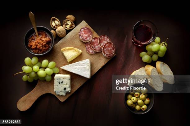 delicatessen: delicatessen variety still life - cheese board flat lay stock pictures, royalty-free photos & images