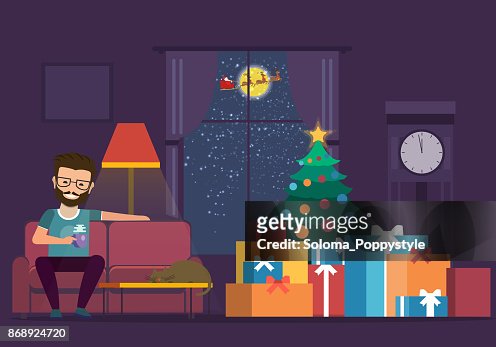 A Cartoon Drawing Room With A Christmas Tree By The Window Happy Man On  Sofa With A Cup Of Tea Christmas Holiday Christmas In The Living Room With  Furniture And Illustration Of