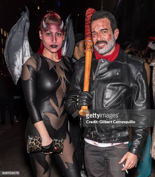 Megan Thompson and Jamie McCarthy are seen during Heidi Klum's 18th Annual Halloween Party at Magic Hour Rooftop Bar & Lounge on October 31, 2017 in...