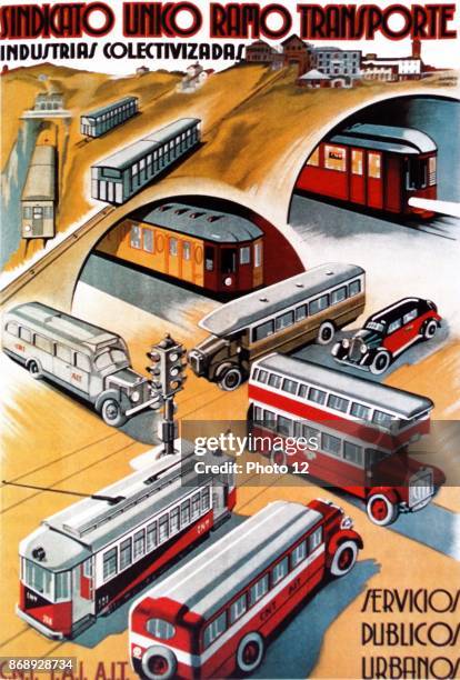 Propaganda poster by Ricard Obiols, from the Second Spanish Republic: Sindicato Unico Ramo Transporte. Extolling the achievements of the publicly run...