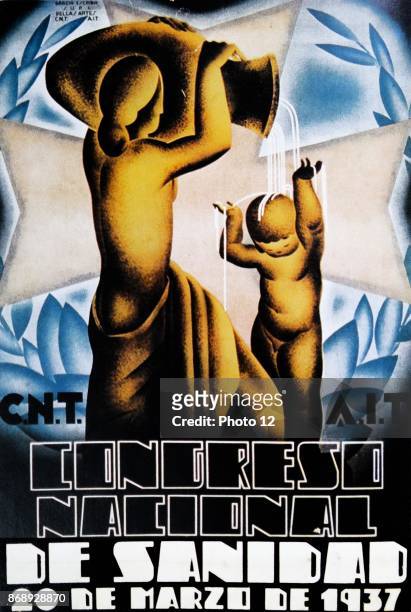 Republican Propaganda poster during the Spanish Civil War. Congresso nacional de sanidad 1937 CNT Health Congress poster.