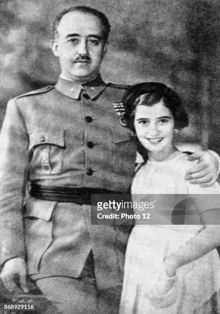Maria del Carmen Franco y Polo, only child of Spain's dictator General Francisco Franco and his wife Carmen Polo, seen with her father, during the...