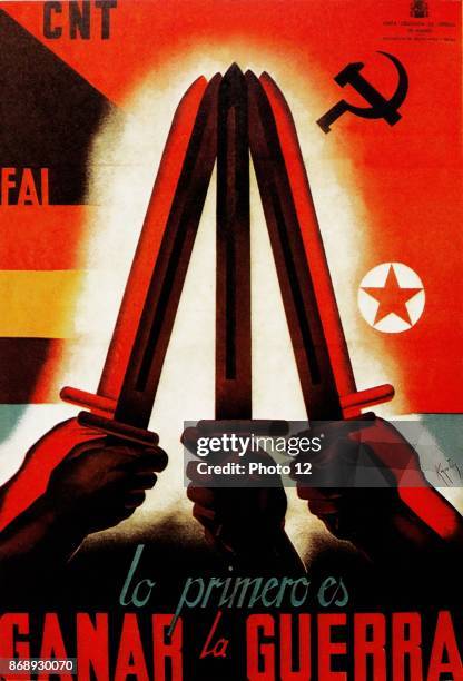 Lo Primero es Ganar la Guerra, . Propaganda poster from the Junta Delegada de Defensa de Madrid, during the Spanish Civil War 1936.