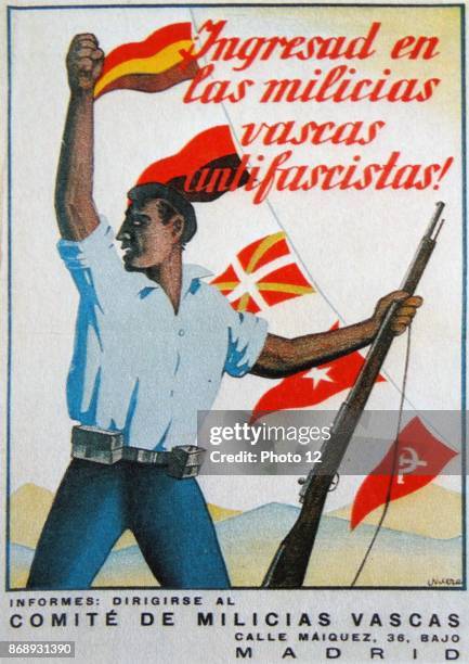 Ingresad en las Milicias vascas antifascistas! Join the anti-fascist militias recruitment poster, during the Spanish Civil War.