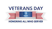 Veterans Day banner with ribbon and US flag