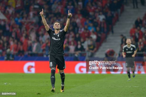 Michel of Qarabag FK celebrates after scoring the first goal of his team during a match between Atletico Madrid and Qarabag FK as part of the UEFA...