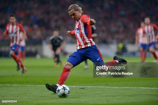 Antoine Griezmann of Atletico Madrid kicks the ball during a match between Atletico Madrid and Qarabag FK as part of the UEFA Champions League at...