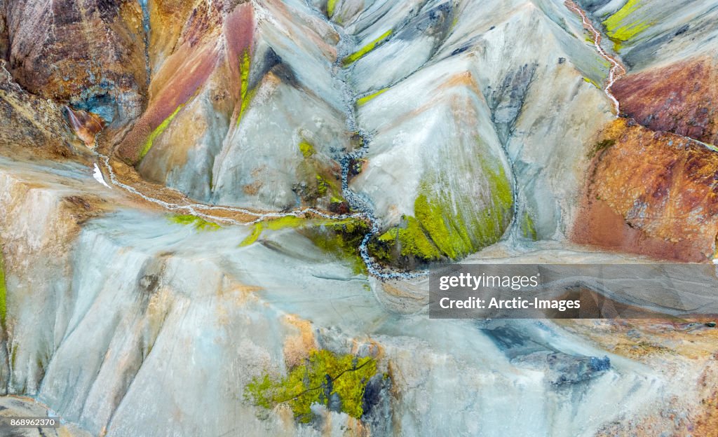 Aerial-Jokulgilskvisl River and Mountain Peaks, Landmannalaugar, Central Highlands, Iceland