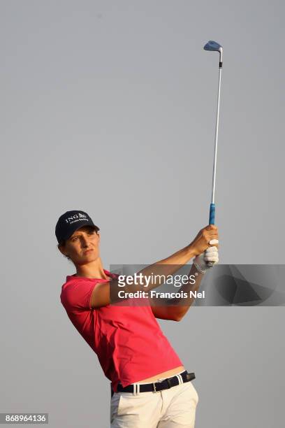 Anne Van Damme of the Netherlands tees off on the 17th hole during Day One of the Fatima Bint Mubarak Ladies Open at Saadiyat Beach Golf Club on...