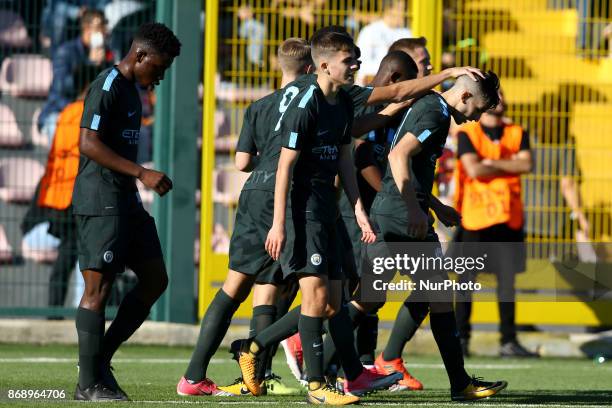 Manchester players celebration during the UEFA Youth League Group F match between SSC Napoli and Manchester City on November 1, 2017 in Naples, Italy.