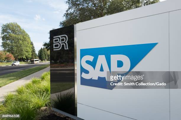Close-up of sign for business intelligence company SAP in the Bishop Ranch office park in San Ramon, California, October 20, 2017.