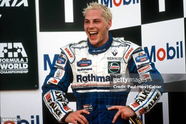 Jacques Villeneuve, Grand Prix of Europe, Circuito de Jerez, 26 October 1997. Jacques Villeneuve on the winners podium in Jerez for the 1997 Grand...