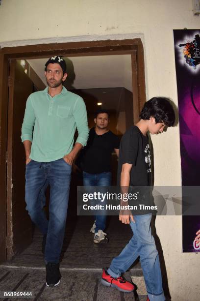 Mumbai, INDIA Bollywood actor Hrithik Roshan spotted with his son Hrehaan Roshan at PVR Juhu during family get together on October 29, 2017 in Mumbai.