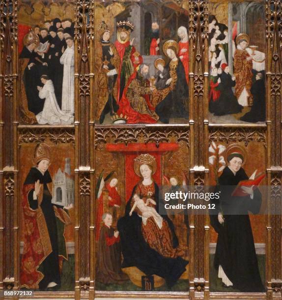 Altarpiece of the Virgin Mary, St. Augustine and St. Nicholas of Tolentino. By Antoine de Lonhy, French miniaturist and glass painter. Dated 15th...
