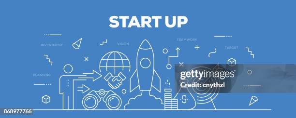 starten sie web-banner-linienart - unternehmer stock-grafiken, -clipart, -cartoons und -symbole