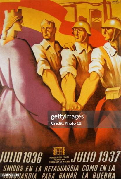 Spanish Civil War .anti-fascist Civil War Poster. United to Win the War. Unidos para ganar la Guerra.