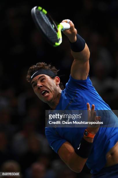 Rafael Nadal of Spain serves against Chung Hyeon of South Korea during Day 3 of the Rolex Paris Masters held at the AccorHotels Arena on November 1,...