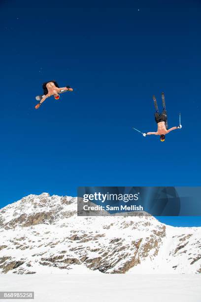 British freestyle athletes Billy Morgan and Cal Sandieson during spring training on 05th May 2017 in Corvatsch, Switzerland. Piz Corvatsch is a...