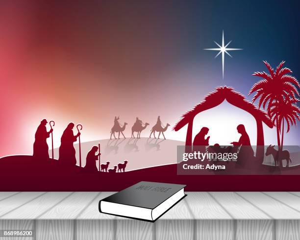 nativity scene - rustic white wood christmas background stock illustrations
