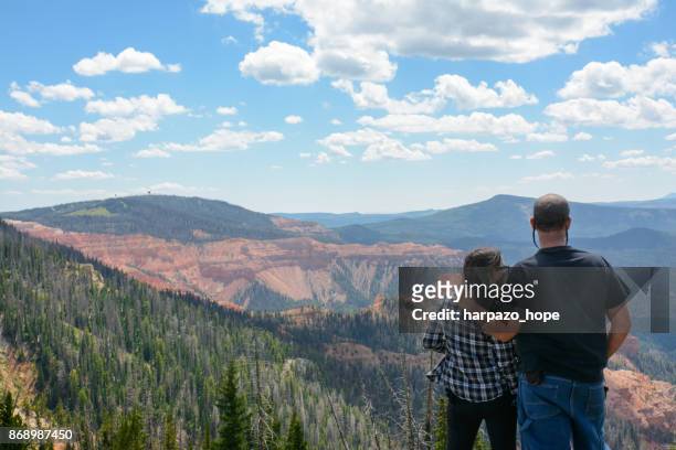 father and daughter looking at cedar breaks in the distance. - contea di iron foto e immagini stock