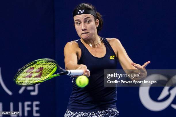 Anastasija Sevastova of Latvia hits a return during the singles Round Robin match of the WTA Elite Trophy ZHUHAI 2017 against Sloane Stephens of the...