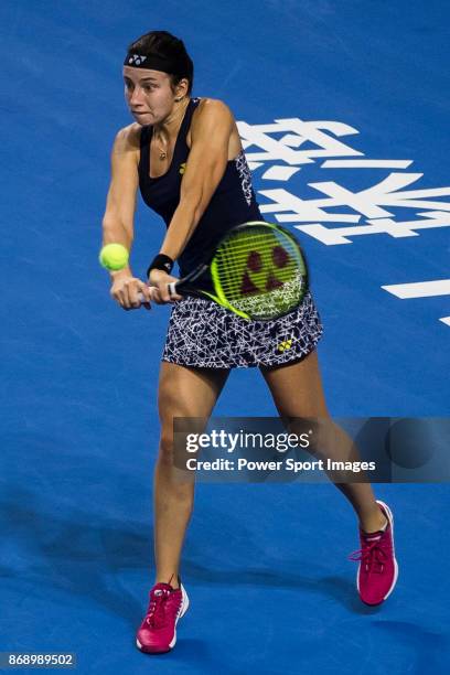 Anastasija Sevastova of Latvia hits a return during the singles Round Robin match of the WTA Elite Trophy Zhuhai 2017 against Sloane Stephens of the...