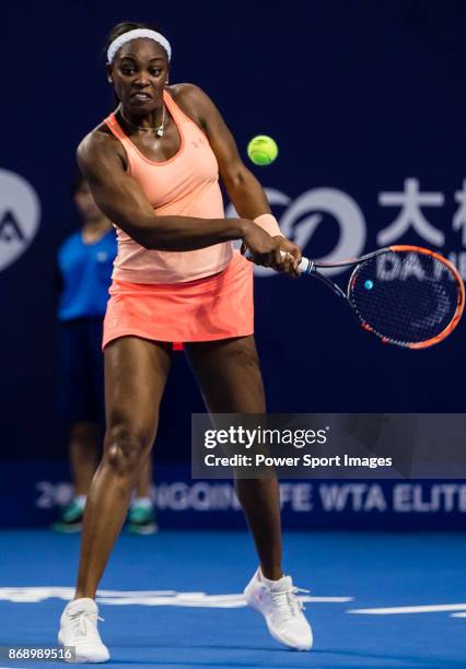 Sloane Stephens of the United States hits a return during the singles Round Robin match of the WTA Elite Trophy ZHUHAI 2017 against Anastasija...