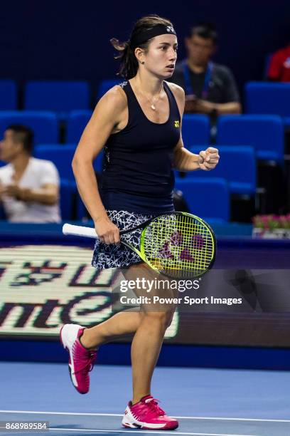 Anastasija Sevastova of Latvia celebrates winning the singles Round Robin match of the WTA Elite Trophy ZHUHAI 2017 against Sloane Stephens of the...