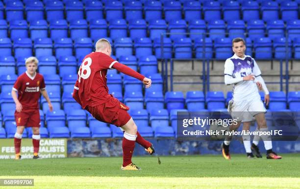 Glen McAuley of Liverpool scores during the Liverpool v Maribor UEFA Youth League game at Prenton Park on November 1, 2017 in Birkenhead, England.