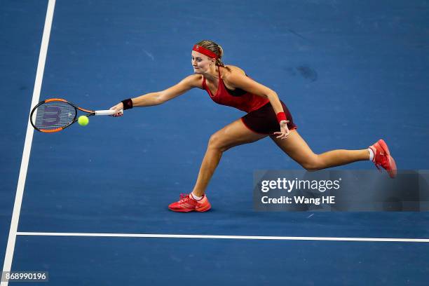 Kristina Mladenovic of France hits a return in her match against Magdalena Rybarikova of Slovakia during the WTA Elite Trophy Zhuhai 2017 at Hengqin...