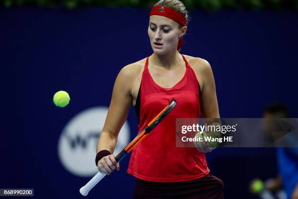 Kristina Mladenovic of France reacts in her match against Magdalena Rybarikova of Slovakia during the WTA Elite Trophy Zhuhai 2017 at Hengqin Tennis...