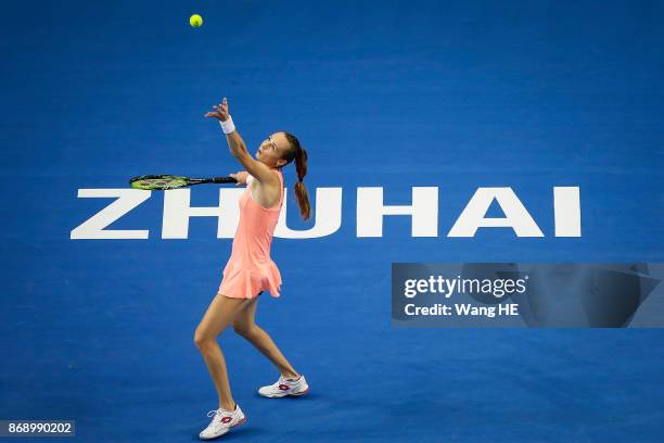 Magdalena Rybarikova of Slovakia serves against Kristina Mladenovic of France during the WTA Elite Trophy Zhuhai 2017 at Hengqin Tennis Center on...