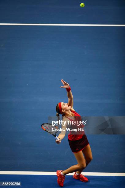 Kristina Mladenovic of France serves in her match against Magdalena Rybarikova of Slovakia during the WTA Elite Trophy Zhuhai 2017 at Hengqin Tennis...