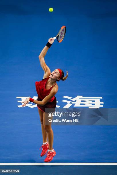 Kristina Mladenovic of France serves in her match against Magdalena Rybarikova of Slovakia during the WTA Elite Trophy Zhuhai 2017 at Hengqin Tennis...