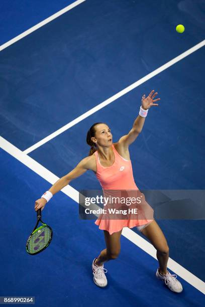 Magdalena Rybarikova of Slovakia serves against Kristina Mladenovic of France during the WTA Elite Trophy Zhuhai 2017 at Hengqin Tennis Center on...