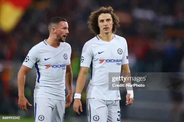 Daniel Drinkwater and David Luiz of Chelsea during the UEFA Champions League group C match between AS Roma and Chelsea FC at Stadio Olimpico on...