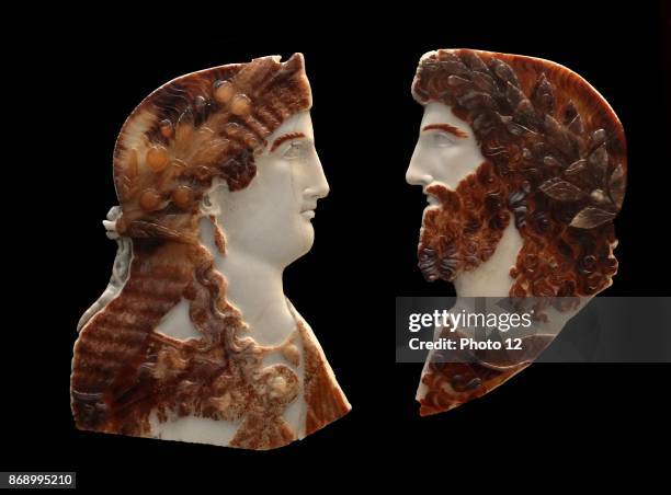 Sardonyx cameo busts of two members of the Roman Imperial family, depicted as Jupiter Ammon and Juno or Isis. About AD 37-50. The woman resembles the...