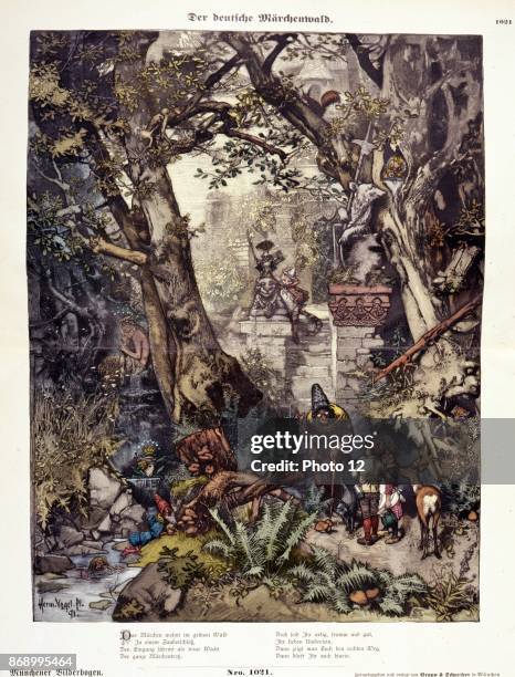 Illustration shows characters from German fairy tales, including Hansel and Gretel, Snow White and the Seven Dwarfs, and Puss in Boots, in a forest....