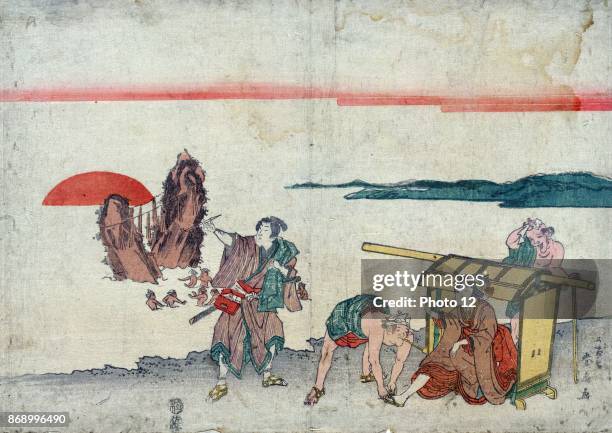 Futamigaura. Print shows a woman in a sedan chair with porters and a male traveller stopping to admire the twin rock formations, also known as the...