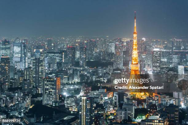 illuminated tokyo tower at night, tokyo, japan - roppongi ストックフォトと画像