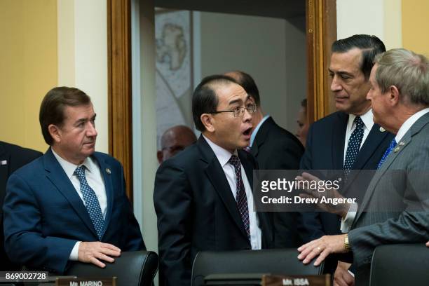Committee chairman Rep. Ed Royce looks on as Thae Yong-ho, former chief of mission at the North Korean embassy in the United Kingdom, is greeted by...