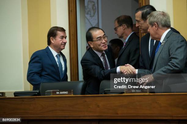 Committee chairman Rep. Ed Royce looks on as Thae Yong-ho, former chief of mission at the North Korean embassy in the United Kingdom, is greeted by...