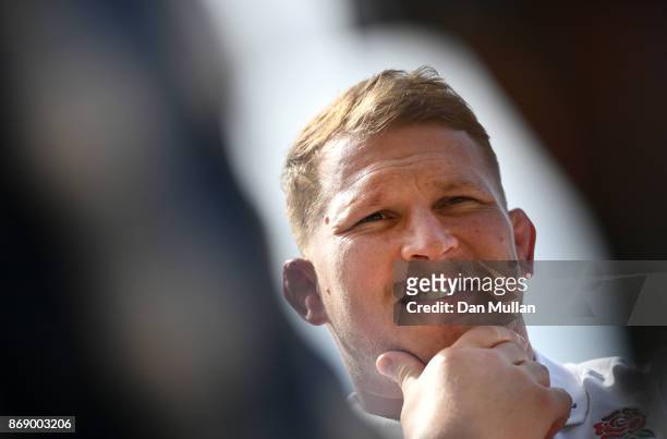 Dylan Hartley of England speaks to the media during a press conference at Browns Sport & Leisure Club on November 1, 2017 in Vilamoura, Portugal.