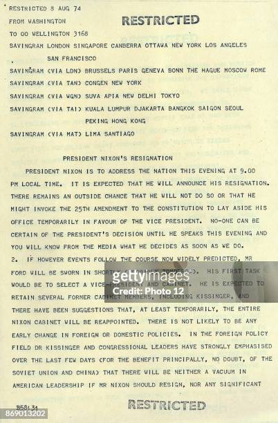 Telegram sent to US diplomats in Asia ahead of the televised resignation of President Richard Nixon as US President in 1974.