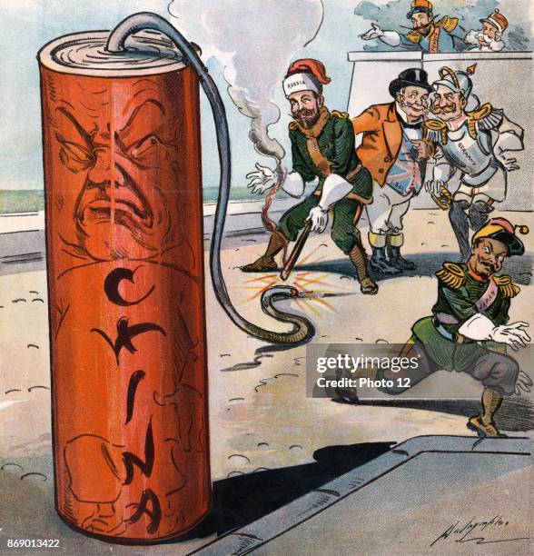 Political satire depicting the rulers of Germany, France, Austria, Japan, and John Bull watching as the ruler of Russia lights the fuse of an...