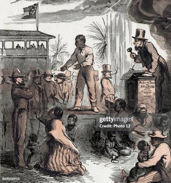 Slave auction from Emancipation from an engraved illustration by Thomas Nast 1840-1902, c1865. Thomas Nast's celebration of the emancipation of...