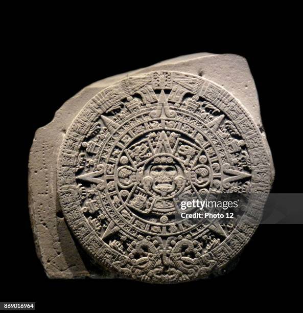 The Aztec calendar stone, Sun stone, or Stone of the Five Eras is a late post-classic Mexican sculpture saved in the National Anthropology Museum,...