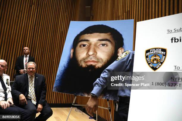 Picture of suspect Sayfullo Saipov is displayed during a news conference about yesterday's attack along a bike path in lower Manhattan that is being...