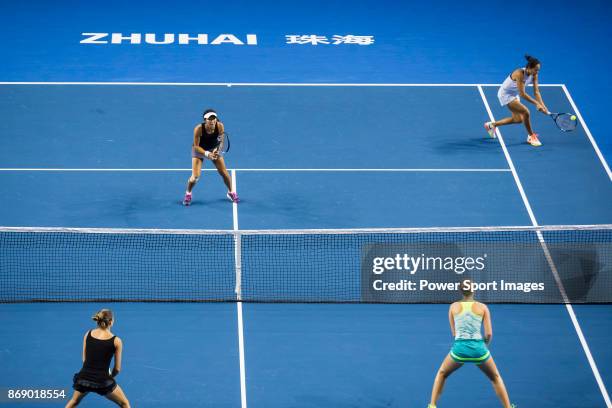 Jing-Jing Lu and Shuai Zhang of China in action during the doubles Round Robin match of the WTA Elite Trophy Zhuhai 2017 against Alicja Rosolska of...