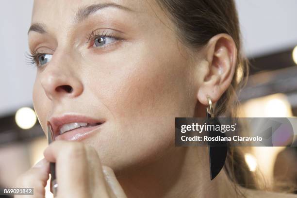 Model is seen ahead of Roni Helou Presented by The Starch Foundation show at Dubai Design District on October 26, 2017 in Dubai, United Arab Emirates.